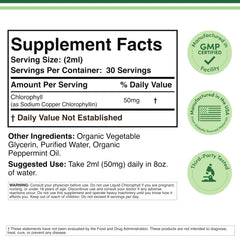 Double Wood Supplements label for chlorophyll liquid drops showing Supplement Facts 50mg per 2ml 30 servings usage and GMP