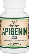 Double Wood Apigenin 50 mg bottle with front label text and white cap