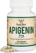Double Wood Apigenin 50 mg dietary supplement bottle with front label and 120 capsules