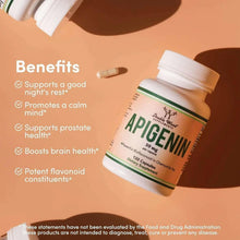 Benefits graphic for Double Wood Apigenin with bottle and bullet list text