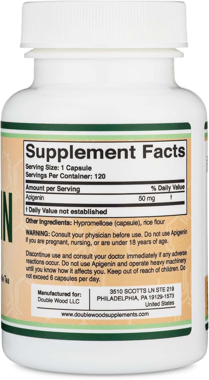 Double Wood Supplements Apigenin - 50mg per Capsule, 120 Count (Powerful Bioflavonoid Found in Chamomile Tea for Relaxation, Sleep, and Mood) Senolytic Flavonols for Aging Manufactured in The USA by
