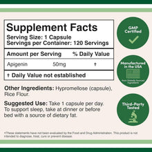 Double Wood Apigenin supplement facts close-up with serving size and 50 mg apigenin
