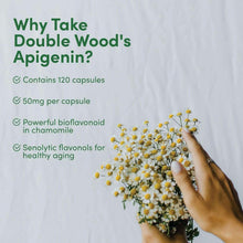 Promotional card for Double Wood Apigenin with chamomile flowers and hand holding blossoms