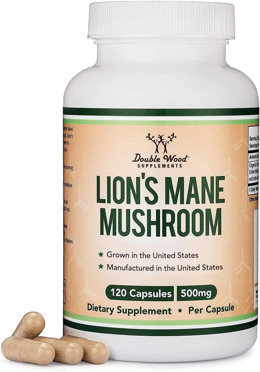 Double Wood Lions Mane capsules bottle with 120 capsules 500mg Lions Mane mushroom dietary supplement