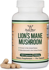 Double Wood Lions Mane capsules bottle with 120 capsules 500mg Lions Mane mushroom dietary supplement