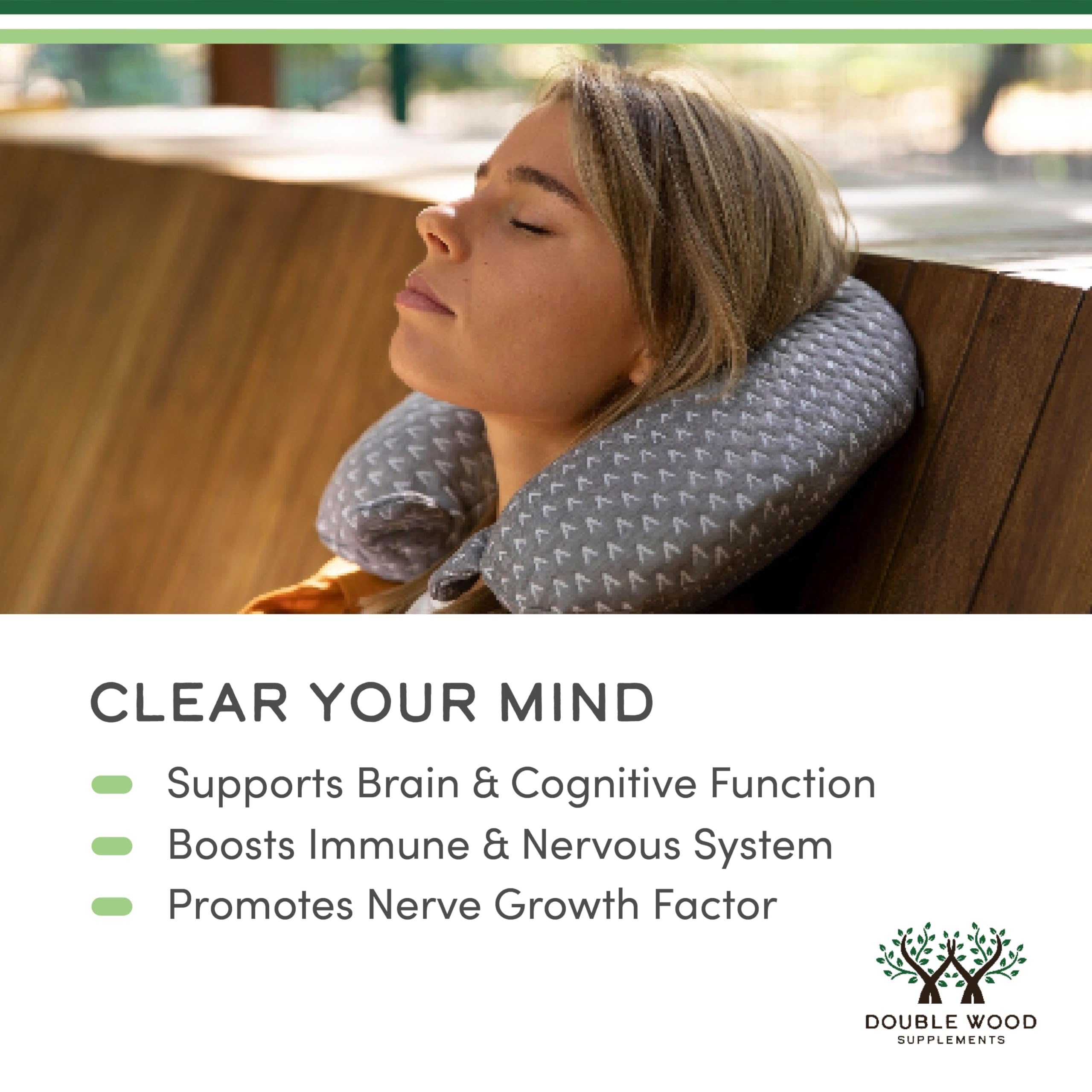 Woman resting with neck pillow next to Double Wood Supplements graphic promoting brain health and Double Wood Lions Mane capsules