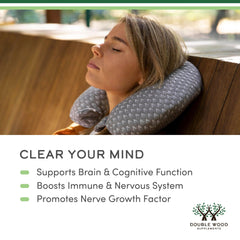 Woman resting with neck pillow next to Double Wood Supplements graphic promoting brain health and Double Wood Lions Mane capsules