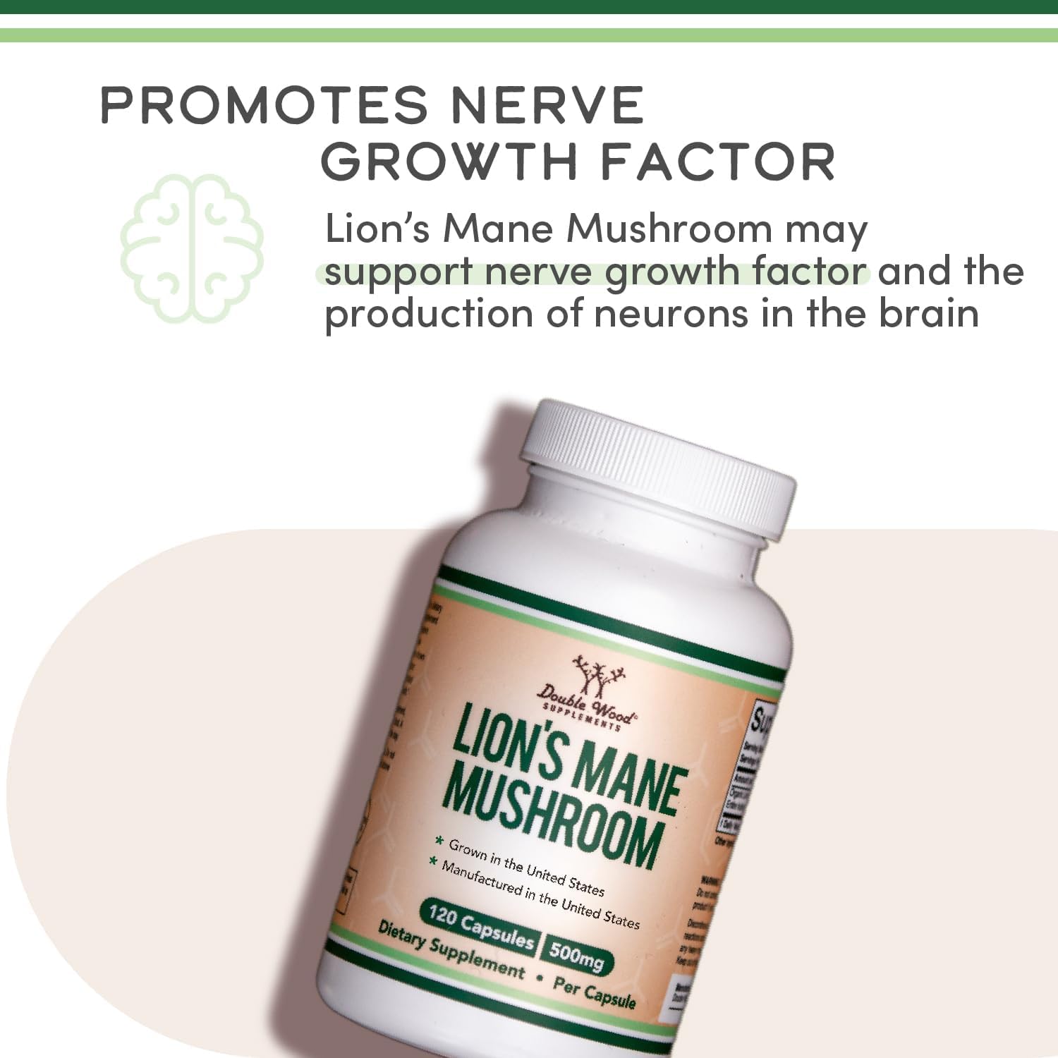 Double Wood Lions Mane capsules bottle 120 count 500mg Mushroom supplement promoting nerve growth factor