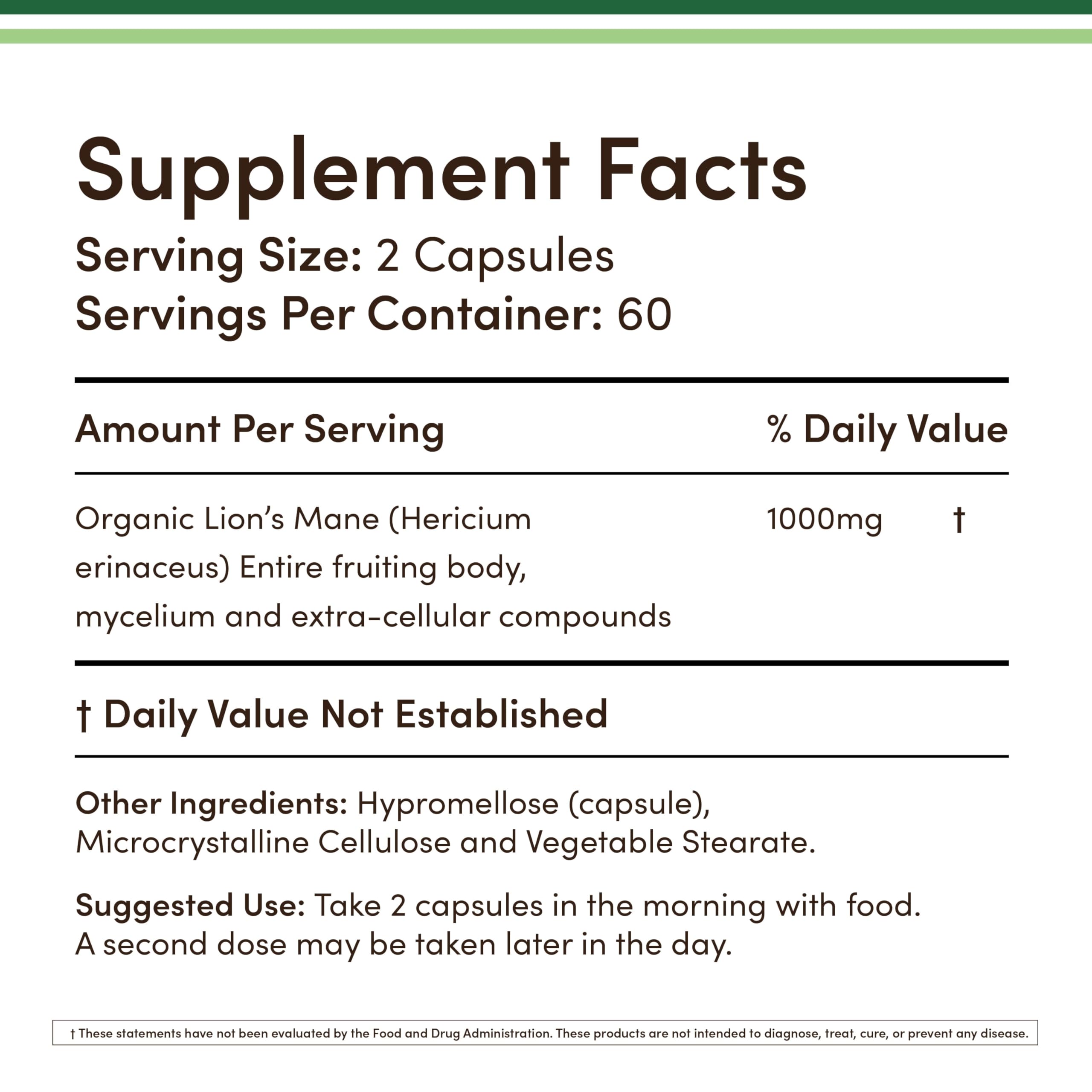Double Wood Lions Mane capsules supplement facts label showing serving size 2 capsules 1000mg 60 servings