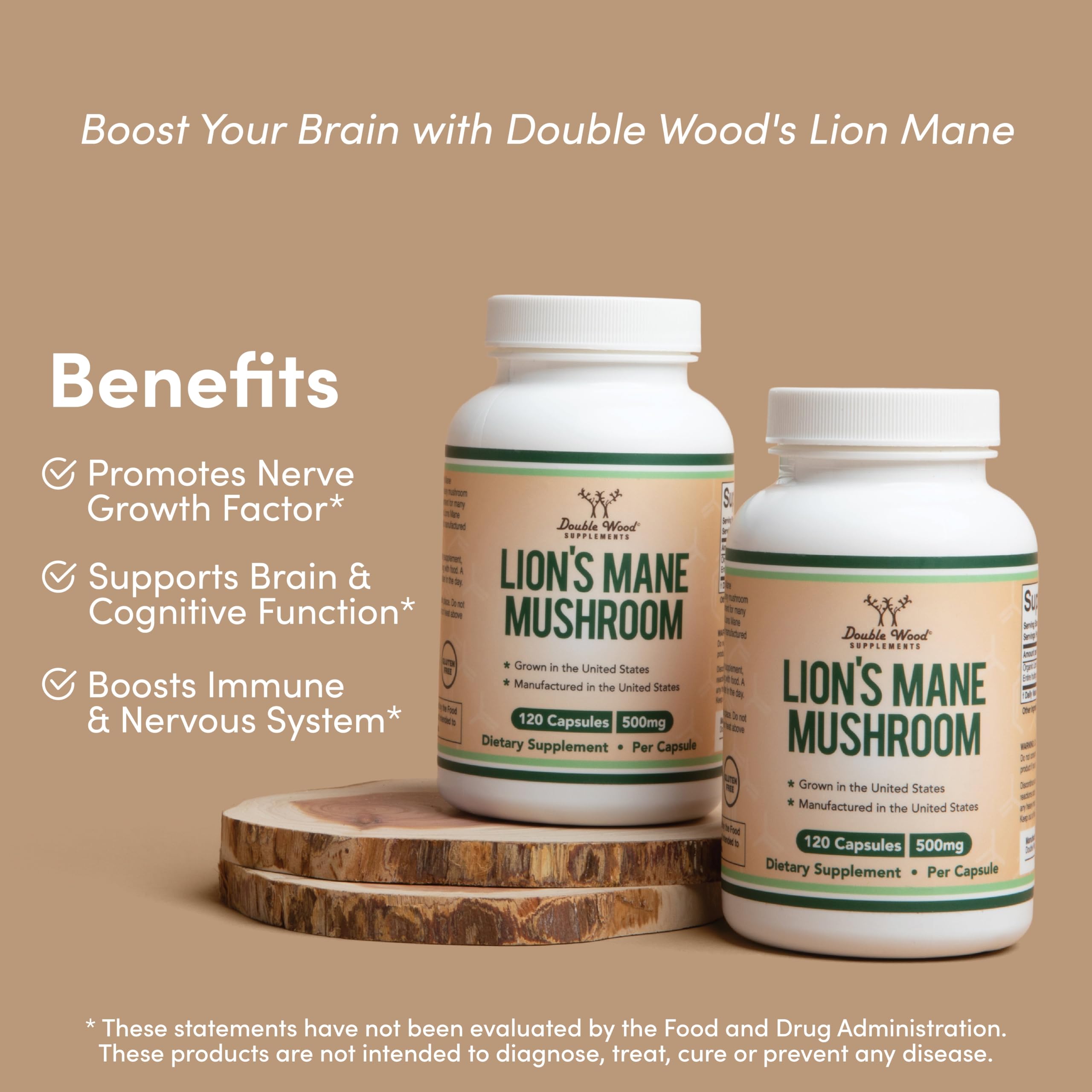 Two Double Wood Lions Mane capsules bottles on wooden slices with benefits listing for brain health