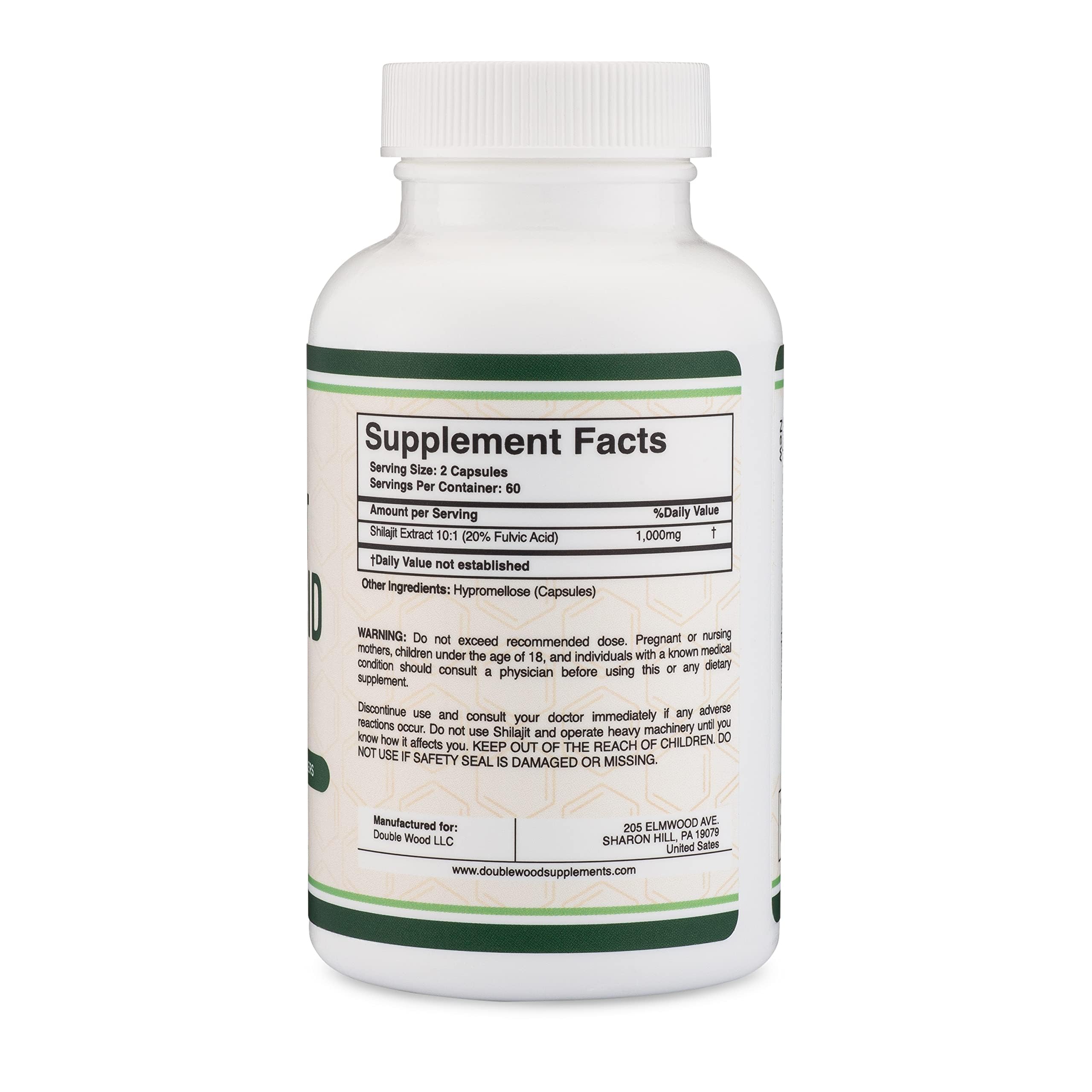 Double Wood Supplements Shilajit 1000mg white bottle showing supplement facts label and dosage information