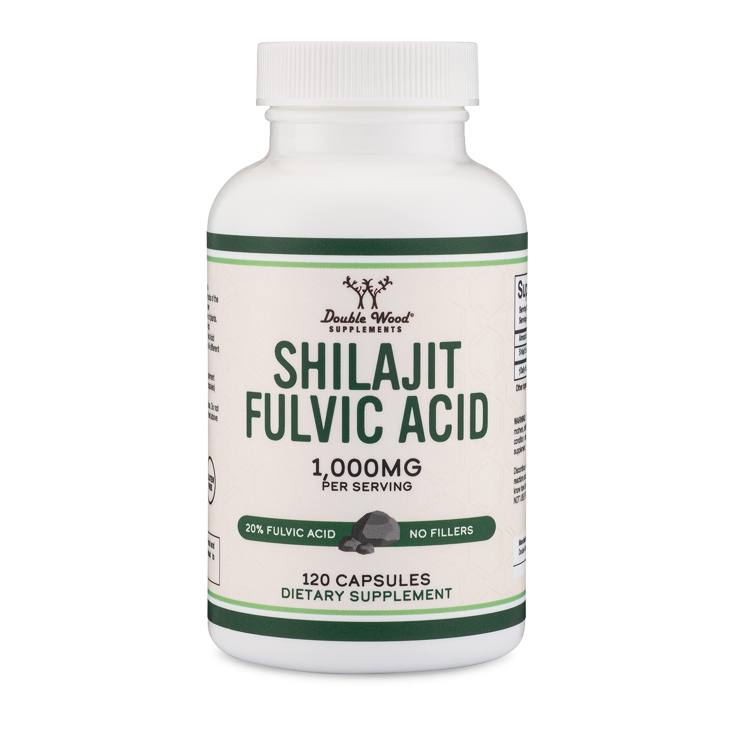Double Wood Supplements Shilajit 1000mg white bottle 120 capsules Shilajit Fulvic Acid dietary supplement
