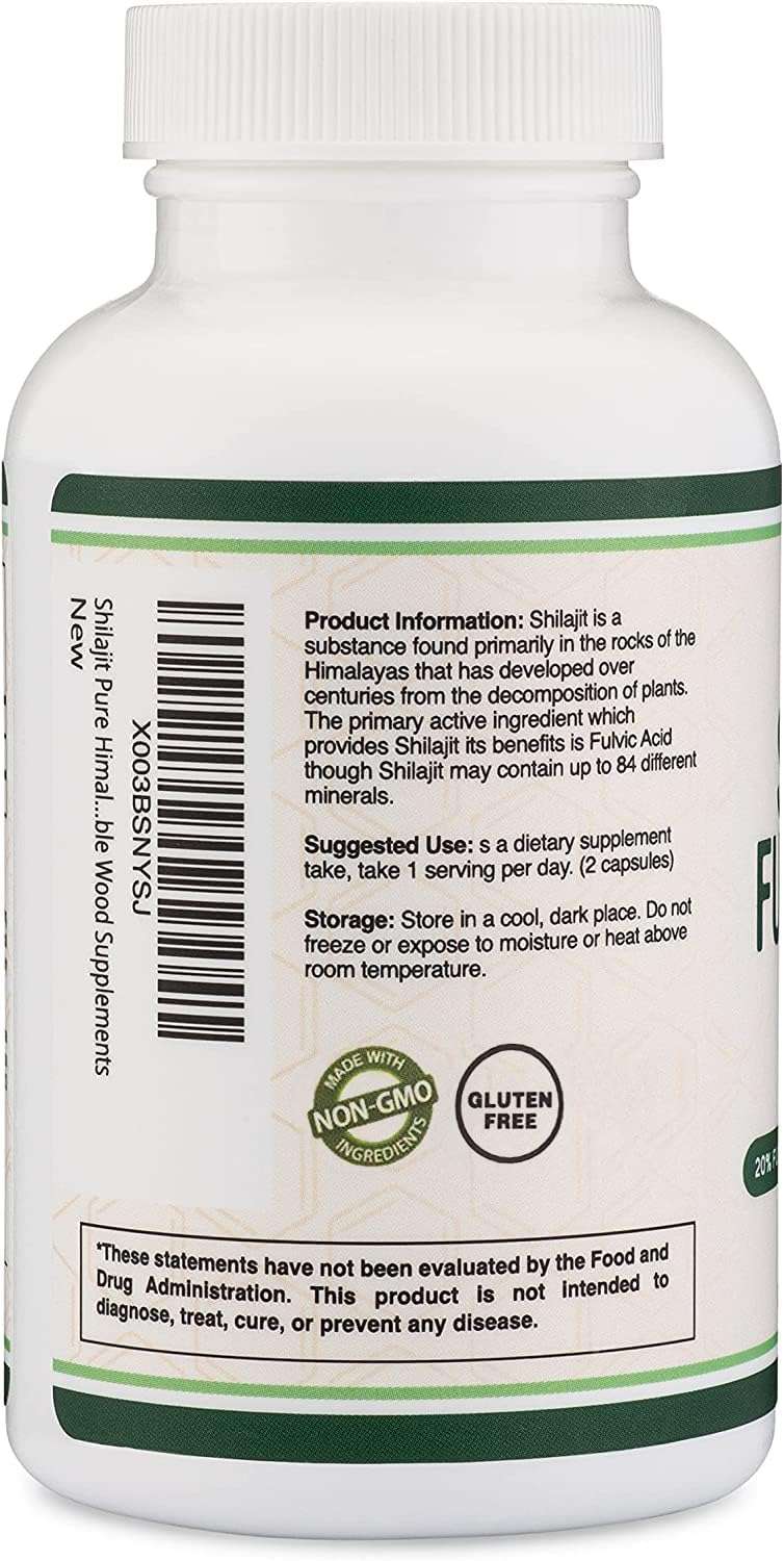 Back label of Double Wood Supplements Shilajit 1000mg white bottle showing product information dosage and non GMO badge