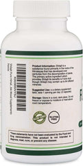 Back label of Double Wood Supplements Shilajit 1000mg white bottle showing product information dosage and non GMO badge