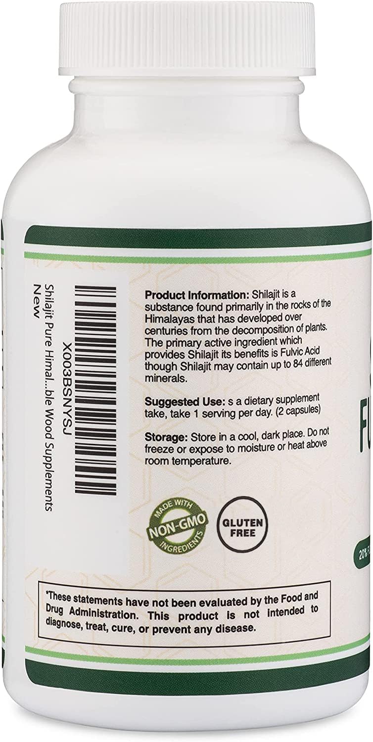 Back label of Double Wood Supplements Shilajit 1000mg white bottle showing product information dosage and non GMO badge