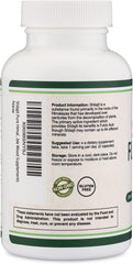 Back label of Double Wood Supplements Shilajit 1000mg white bottle showing product information dosage and non GMO badge