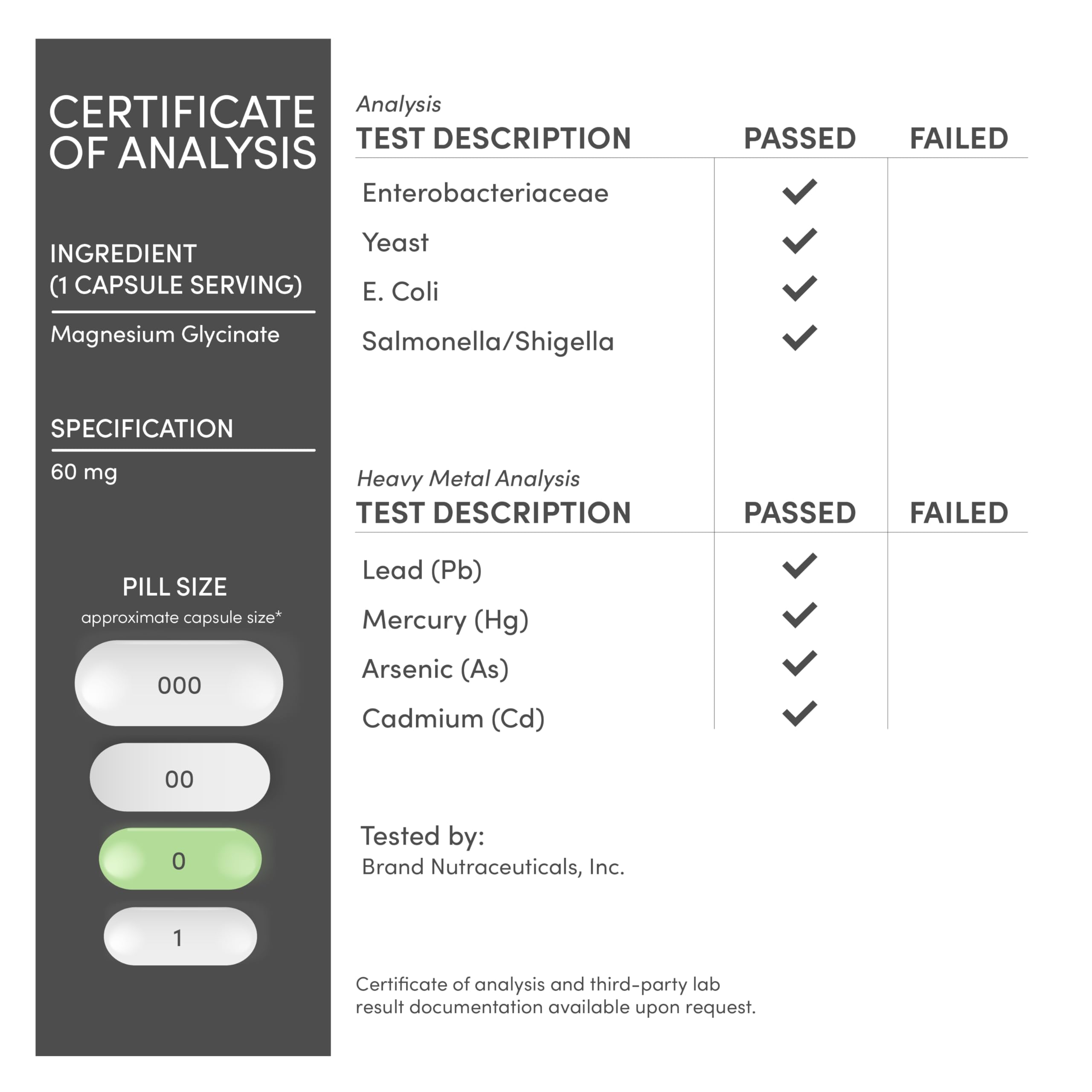 Double Wood Supplements certificate of analysis for magnesium glycinate 400mg supplement showing passed lab tests and heavy metals