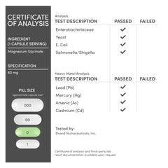 Double Wood Supplements certificate of analysis for magnesium glycinate 400mg supplement showing passed lab tests and heavy metals
