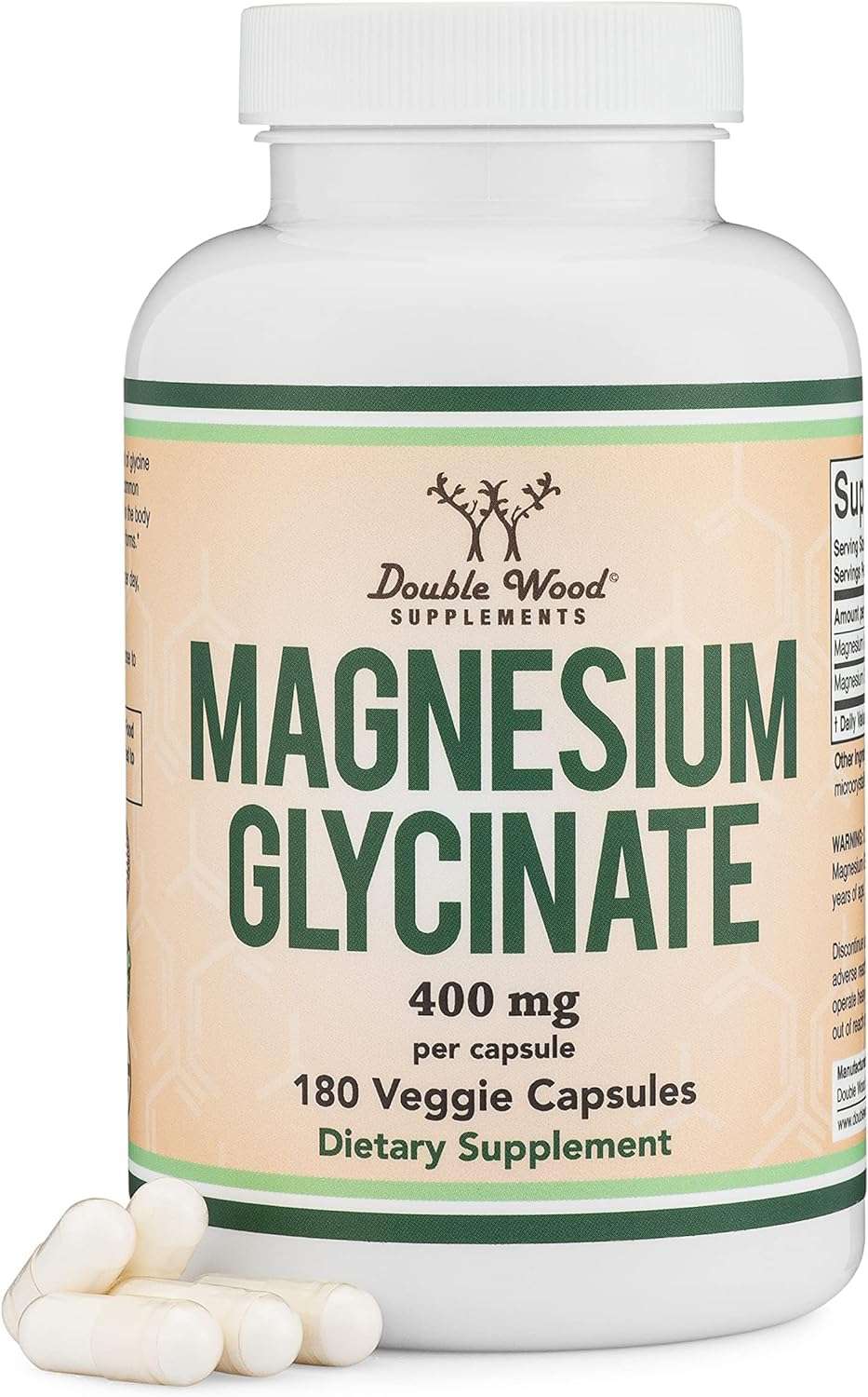 Double Wood Supplements bottle of magnesium glycinate 400mg supplement 180 veggie capsules