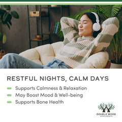 Double Wood Supplements magnesium glycinate 400mg supplement ad showing relaxed woman on couch and benefits list