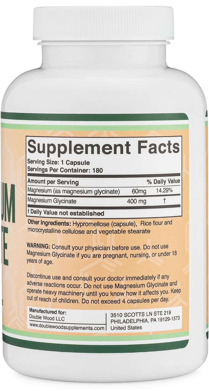 Double Wood Supplements white bottle with Supplement Facts label for magnesium glycinate 400mg supplement 180 caps