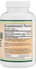 Double Wood Supplements white bottle with Supplement Facts label for magnesium glycinate 400mg supplement 180 caps