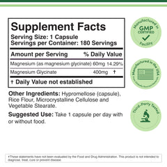 Supplement Facts label showing magnesium glycinate 400mg supplement 1 capsule serving 180 servings per bottle