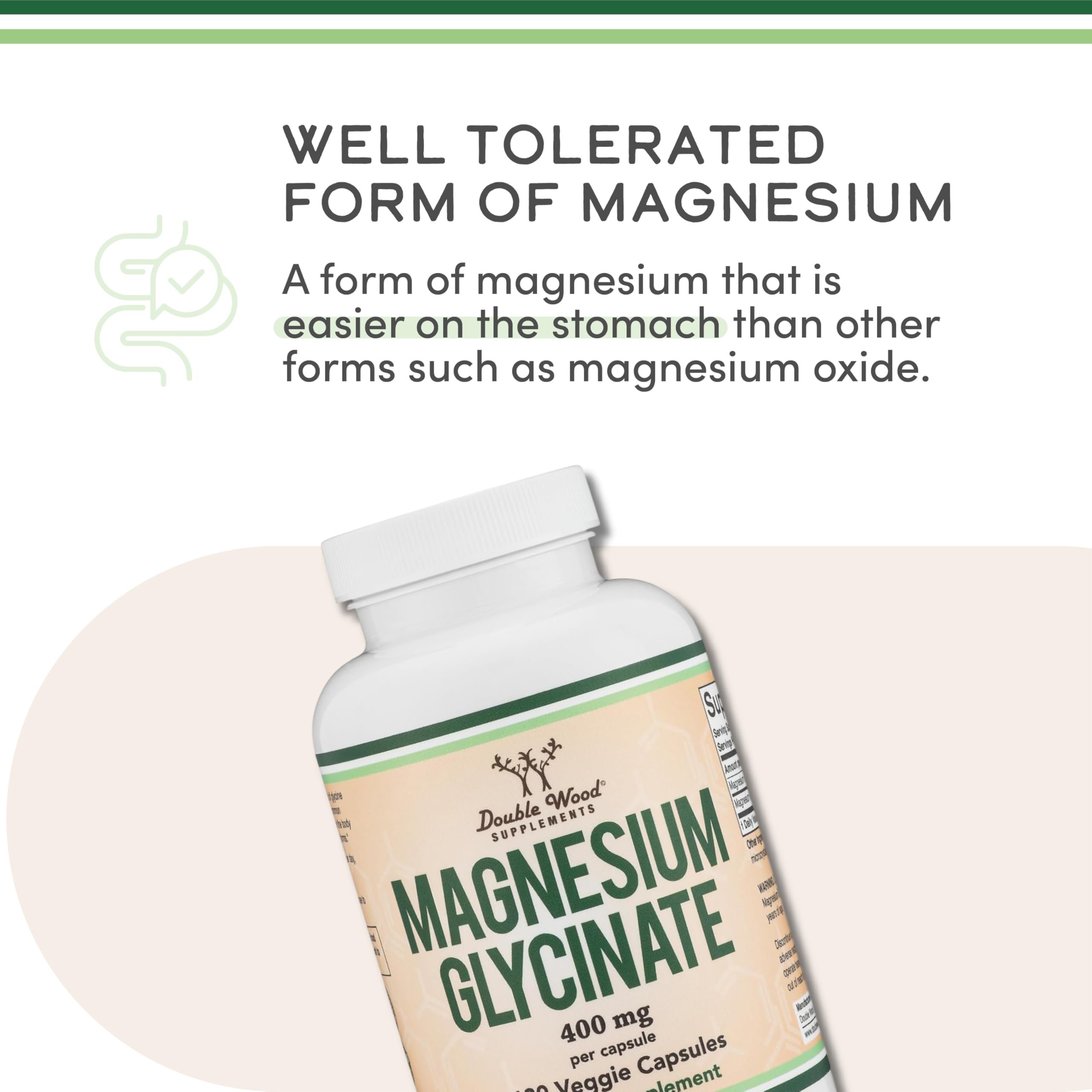 Double Wood Supplements bottle of magnesium glycinate 400mg supplement with label highlighting well tolerated form of magnesium