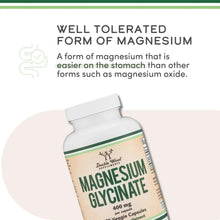Magnesium glycinate supplement bottle front label with benefits text