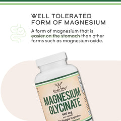 Double Wood Supplements bottle of magnesium glycinate 400mg supplement with label highlighting well tolerated form of magnesium