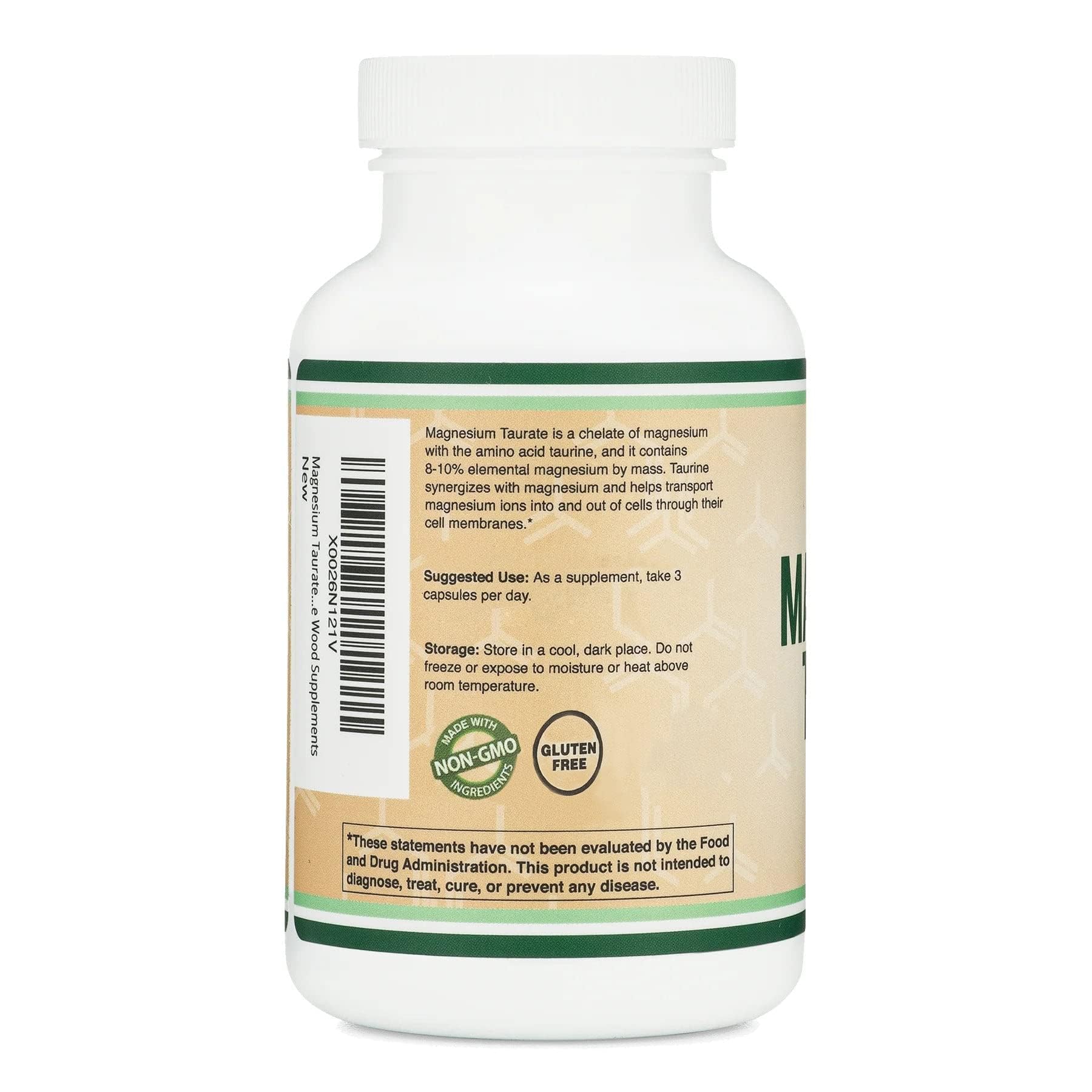 Double Wood Supplements white bottle back label showing magnesium taurate supplement UAE non GMO gluten free icons