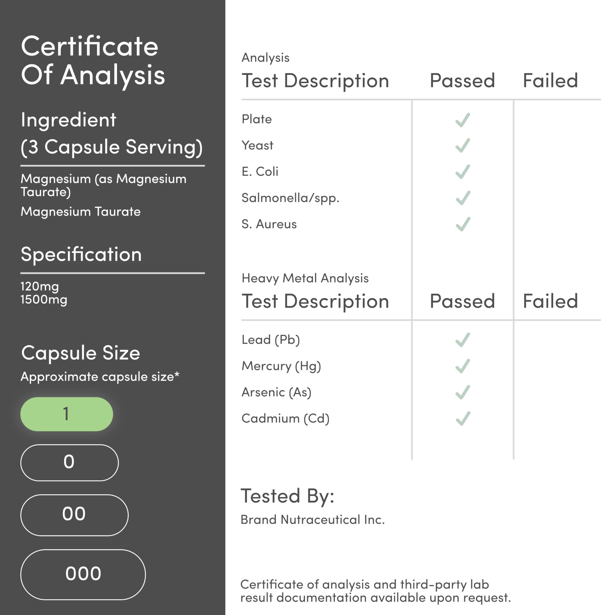 Certificate of analysis for Double Wood Supplements magnesium taurate supplement UAE showing ingredient specs and passed lab tests
