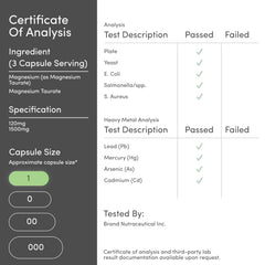 Certificate of analysis for Double Wood Supplements magnesium taurate supplement UAE showing ingredient specs and passed lab tests