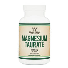 Magnesium taurate supplement bottle, vegan 1500 mg label with green stripe