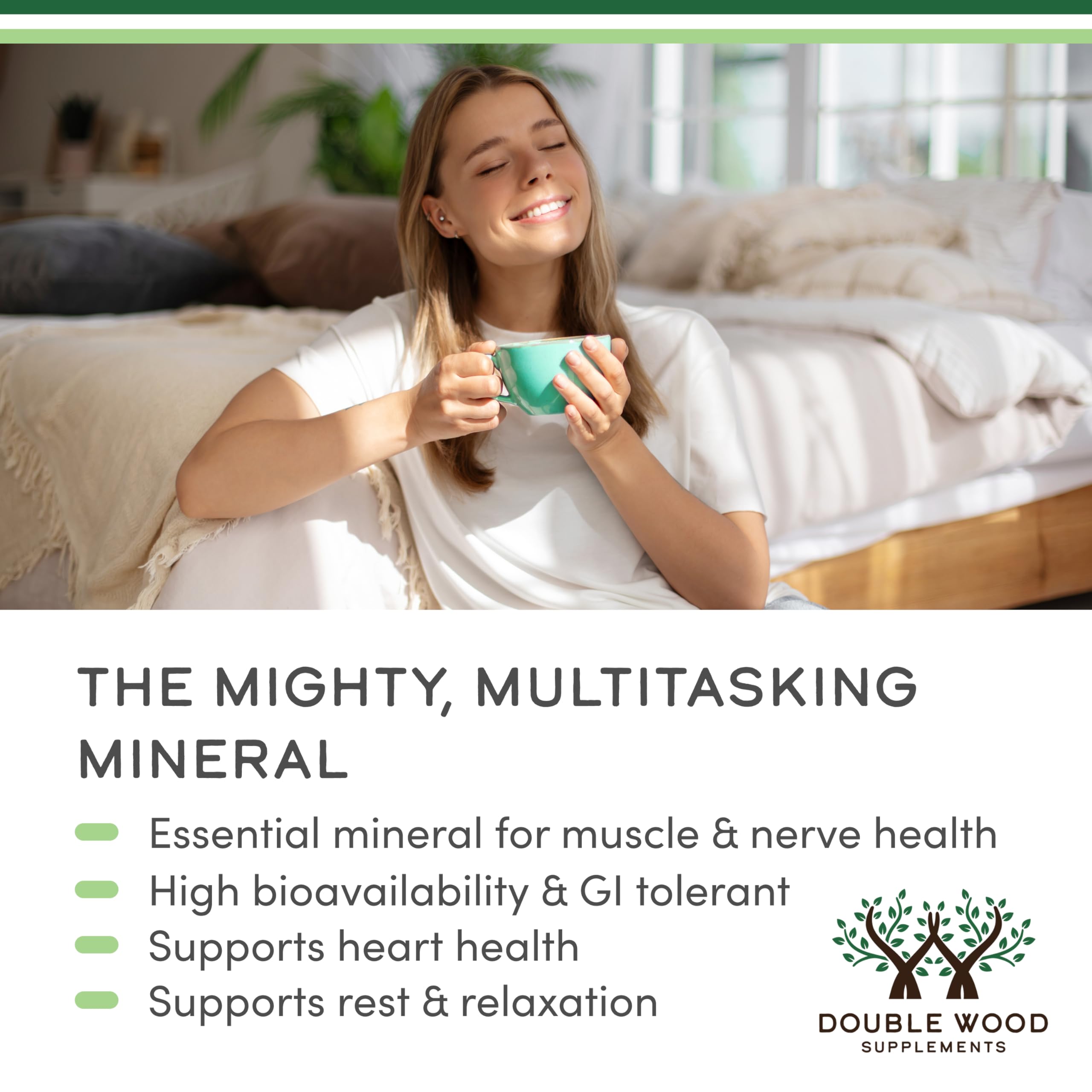 Double Wood Supplements magnesium taurate supplement UAE banner with relaxed woman holding mug and benefits list