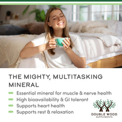 Double Wood Supplements magnesium taurate supplement UAE banner with relaxed woman holding mug and benefits list