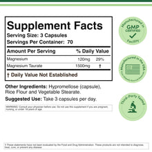 Supplement Facts panel showing magnesium taurate serving and ingredient details