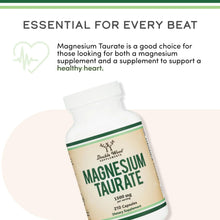 Magnesium taurate supplement bottle angled view with green-striped label