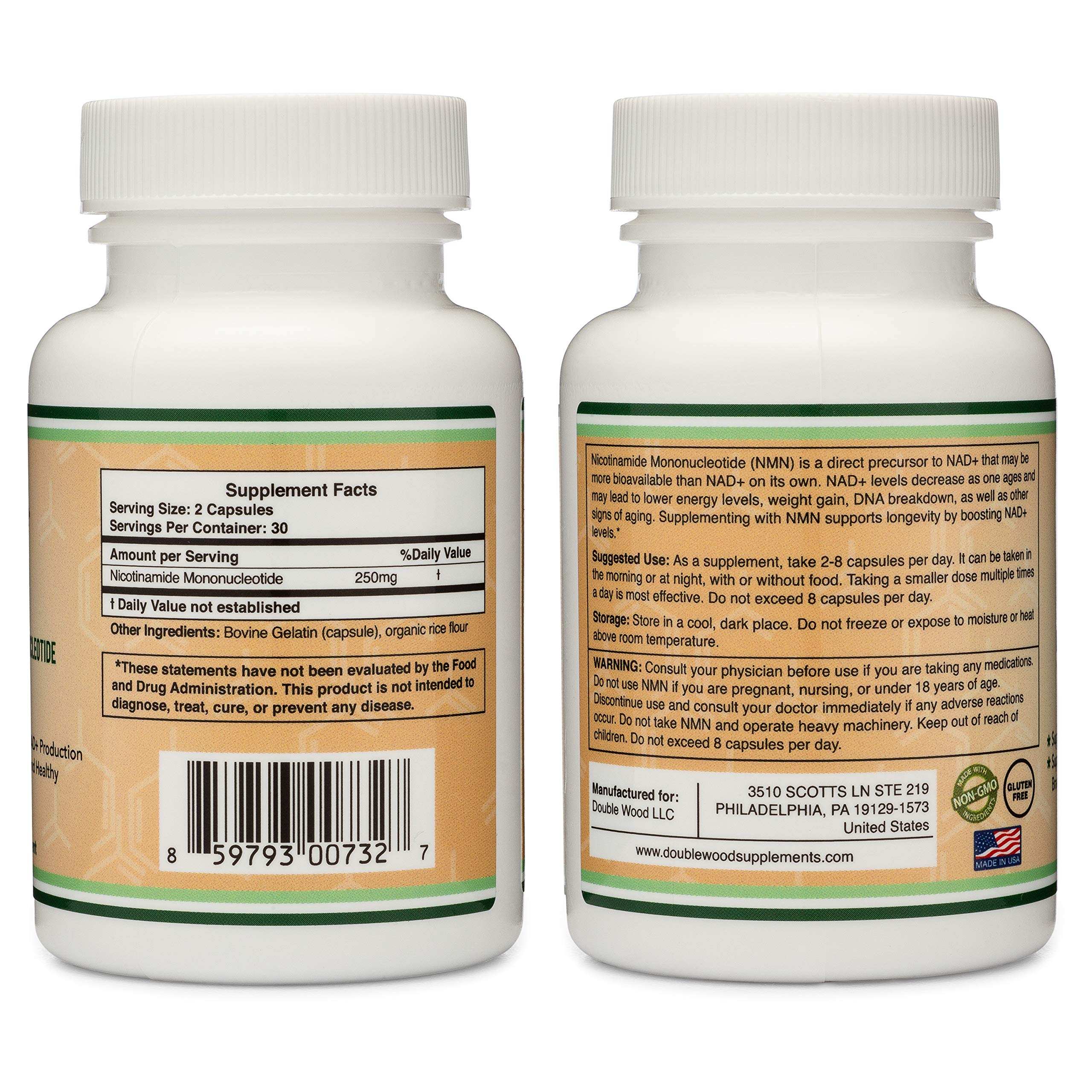 Double Wood Supplements two white bottles front and back labels with supplement facts and barcode for NMN supplement 250mg UAE