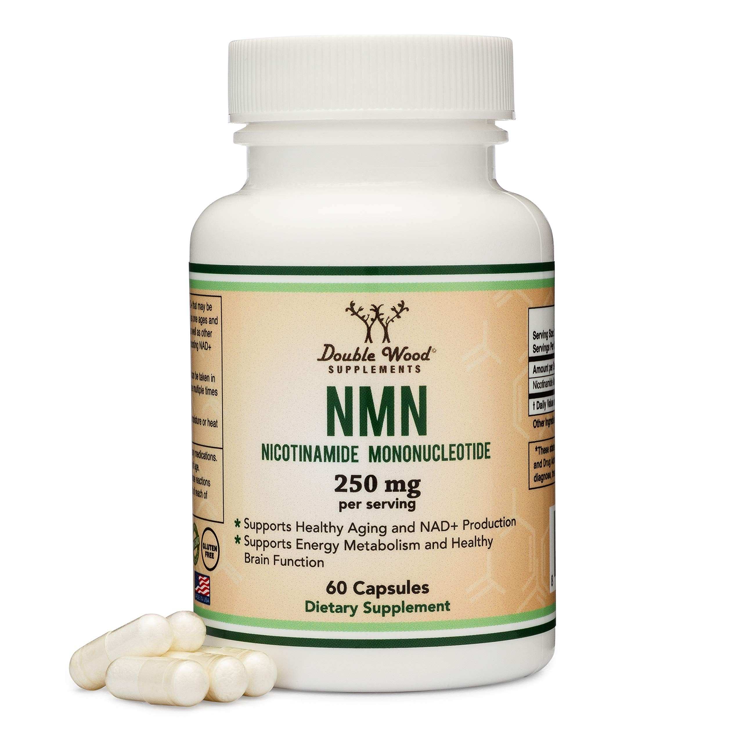 Double Wood Supplements bottle of NMN Nicotinamide Mononucleotide 250 mg 60 capsules with pills NMN supplement 250mg UAE