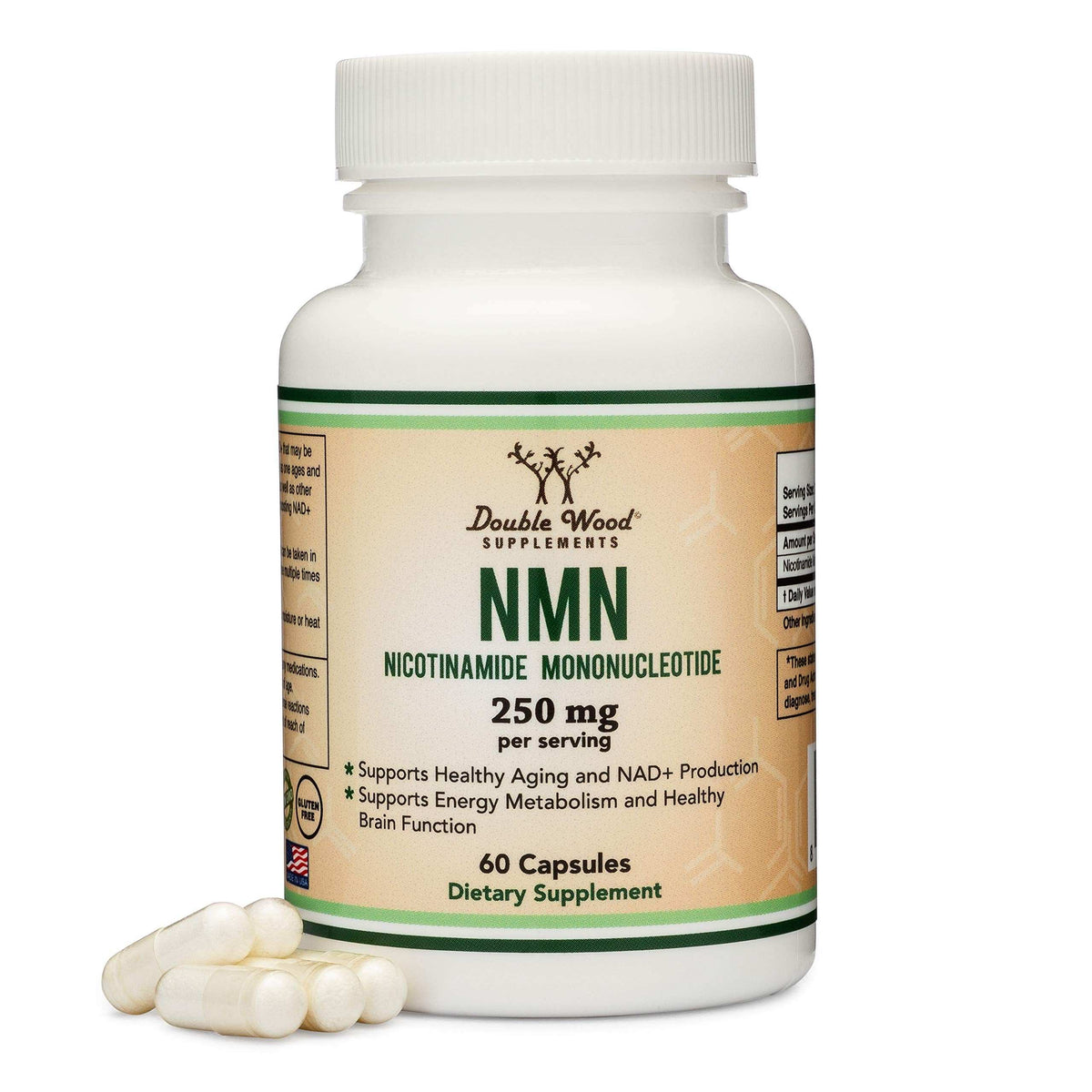 Double Wood Supplements bottle of NMN Nicotinamide Mononucleotide 250 mg 60 capsules with pills NMN supplement 250mg UAE