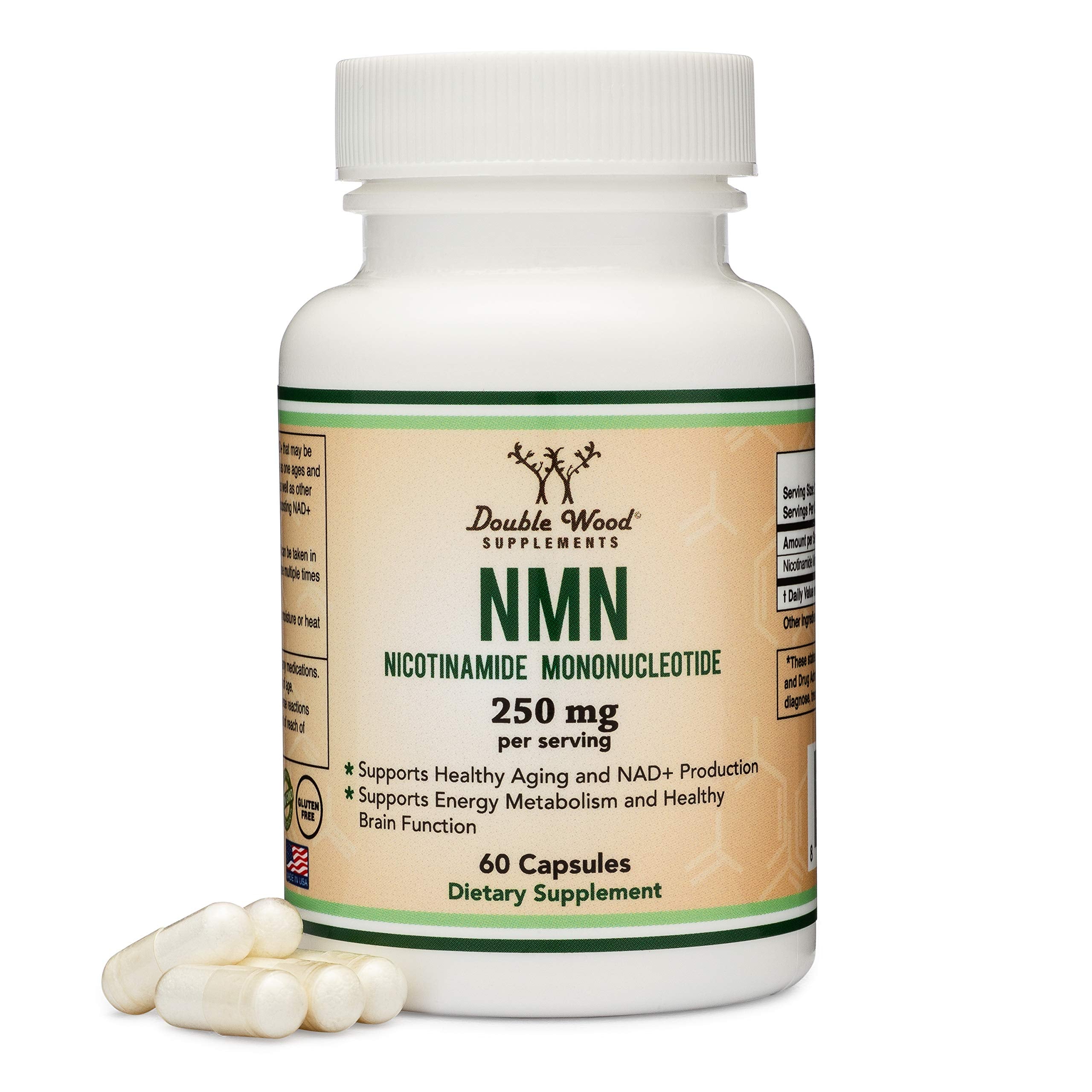 Double Wood Supplements bottle of NMN Nicotinamide Mononucleotide 250 mg 60 capsules with pills NMN supplement 250mg UAE