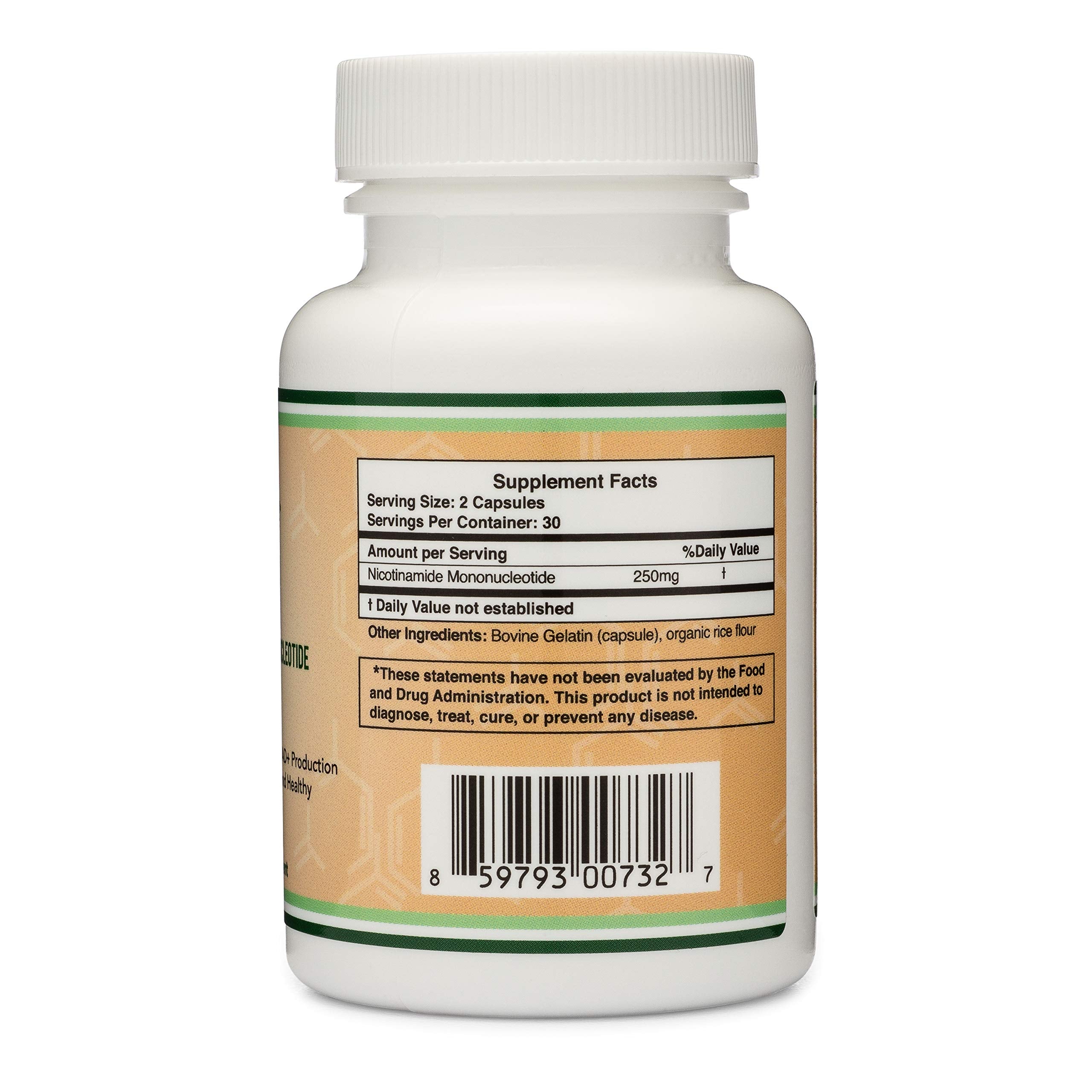 Double Wood Supplements white bottle showing supplement facts label for NMN supplement 250mg UAE capsules
