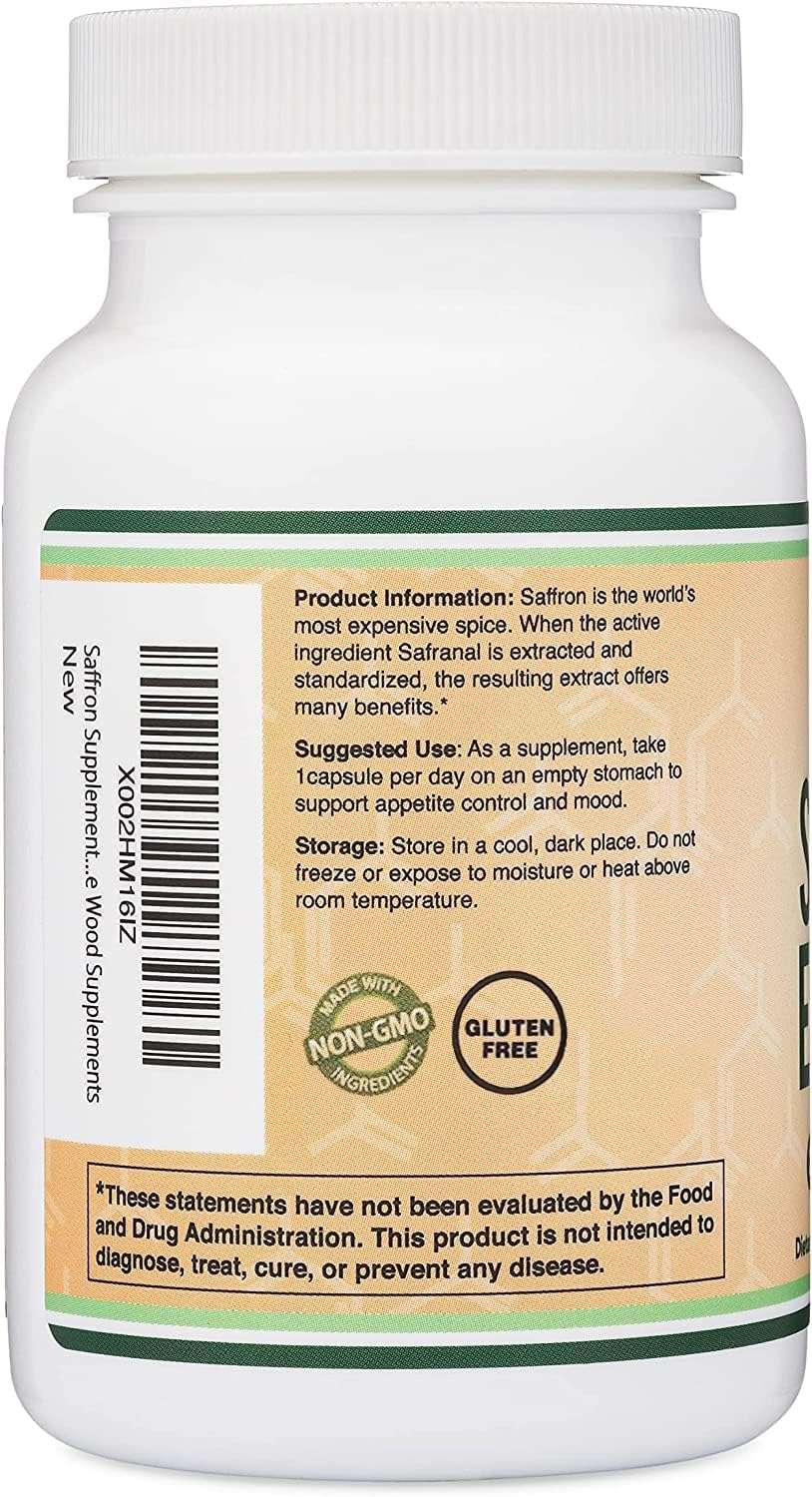 Double Wood Supplements saffron capsules supplement white bottle with product label showing non GMO and gluten free seals