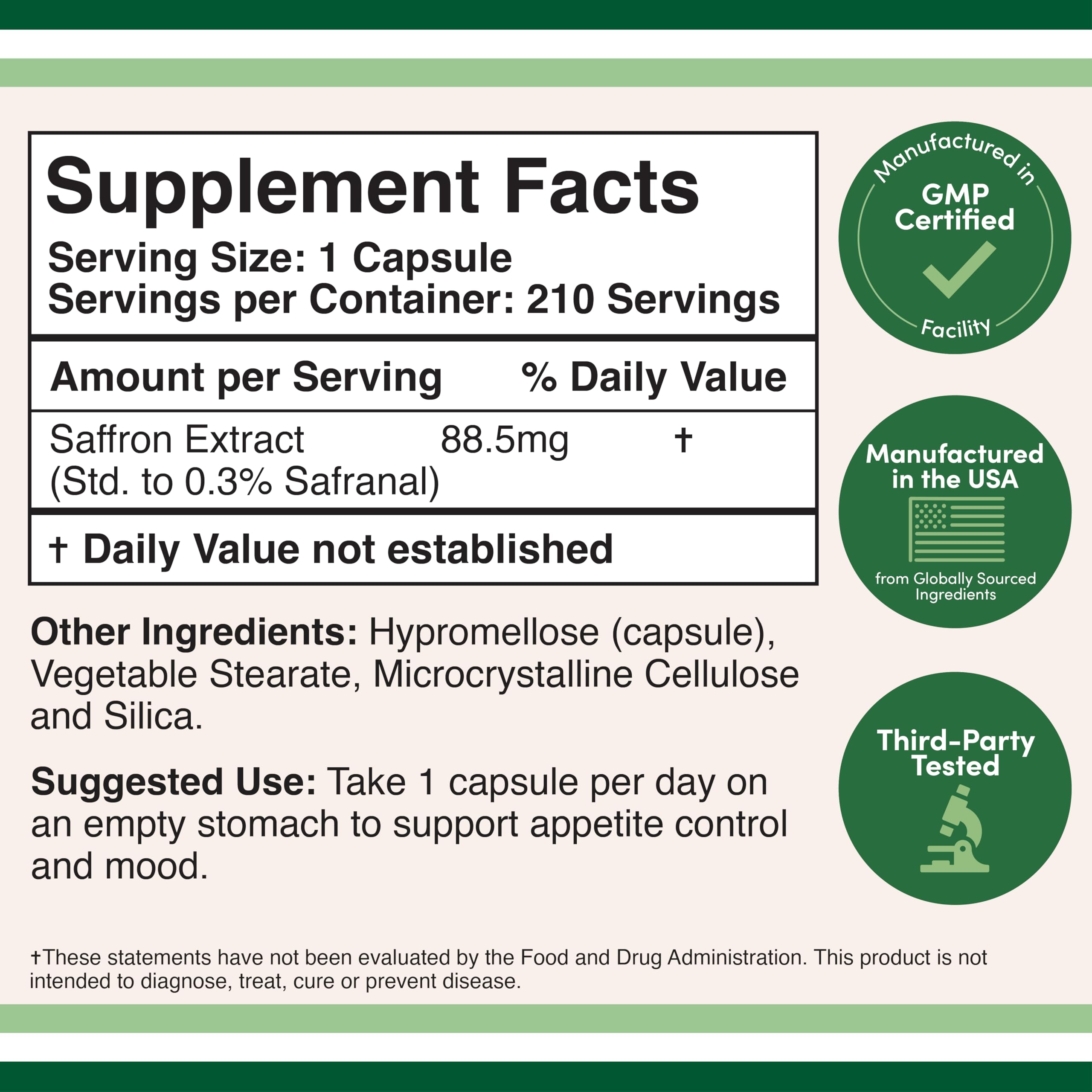 Double Wood Supplements label showing supplement facts and suggested use for saffron capsules supplement 88.5 mg per capsule