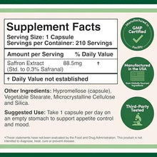 Supplement Facts label for saffron extract, serving size 1 capsule, 210 servings
