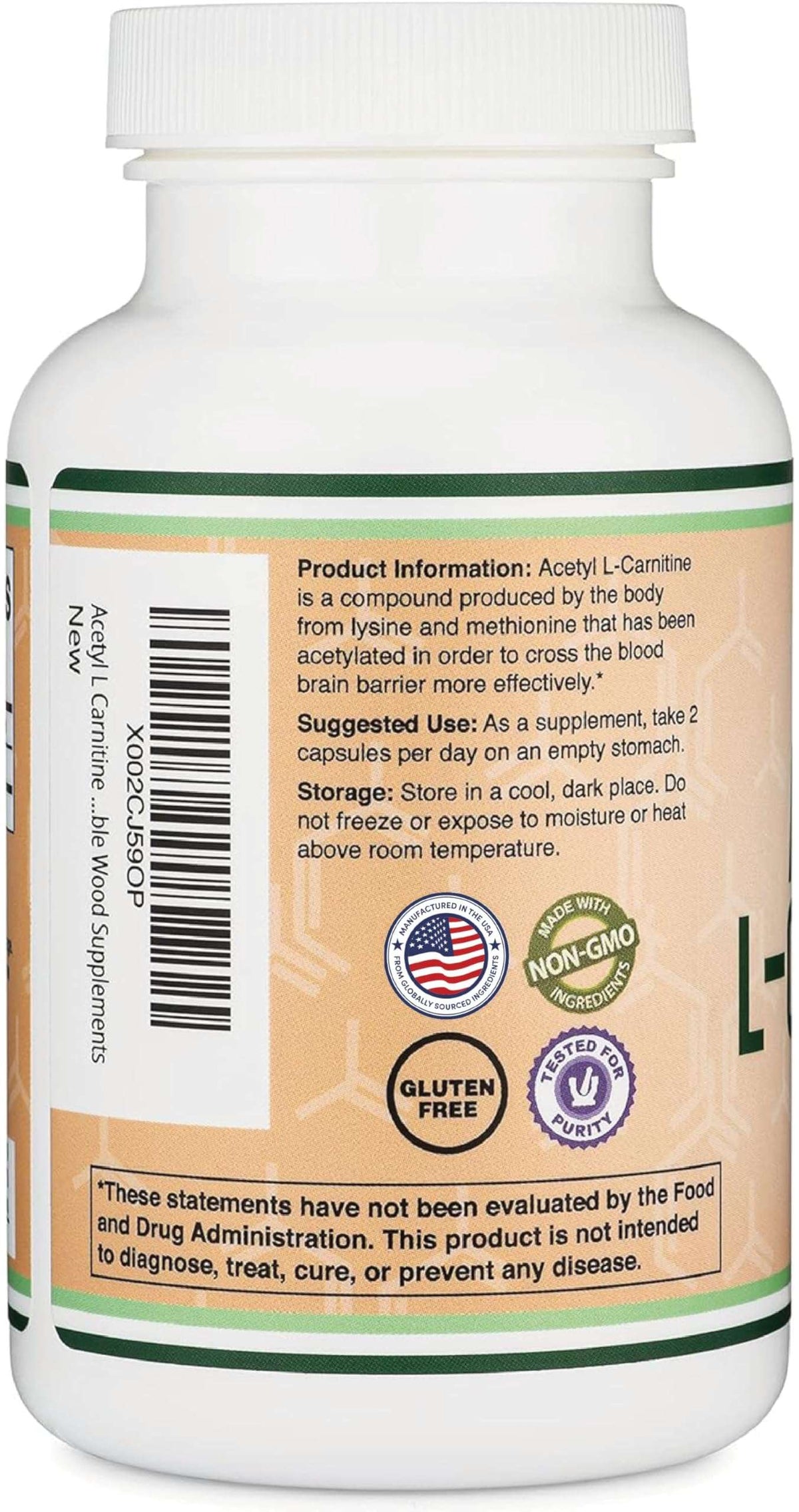 Double Wood Supplements white bottle with label showing product info and seals acetyl l carnitine supplement UAE