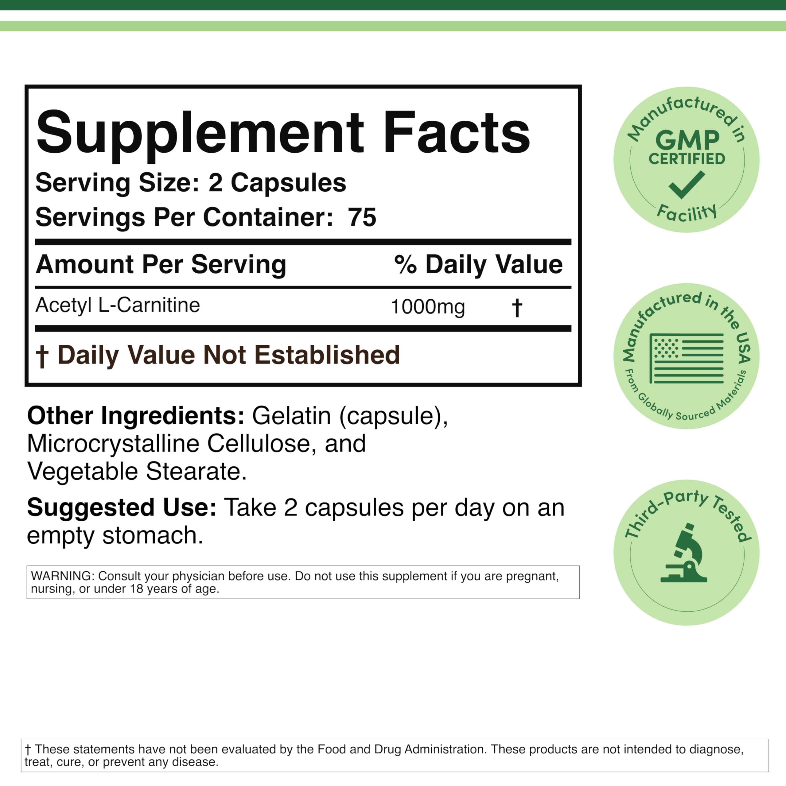 Double Wood Supplements label showing Supplement Facts Acetyl L Carnitine 1000mg per 2 capsules and use acetyl l supplement UAE