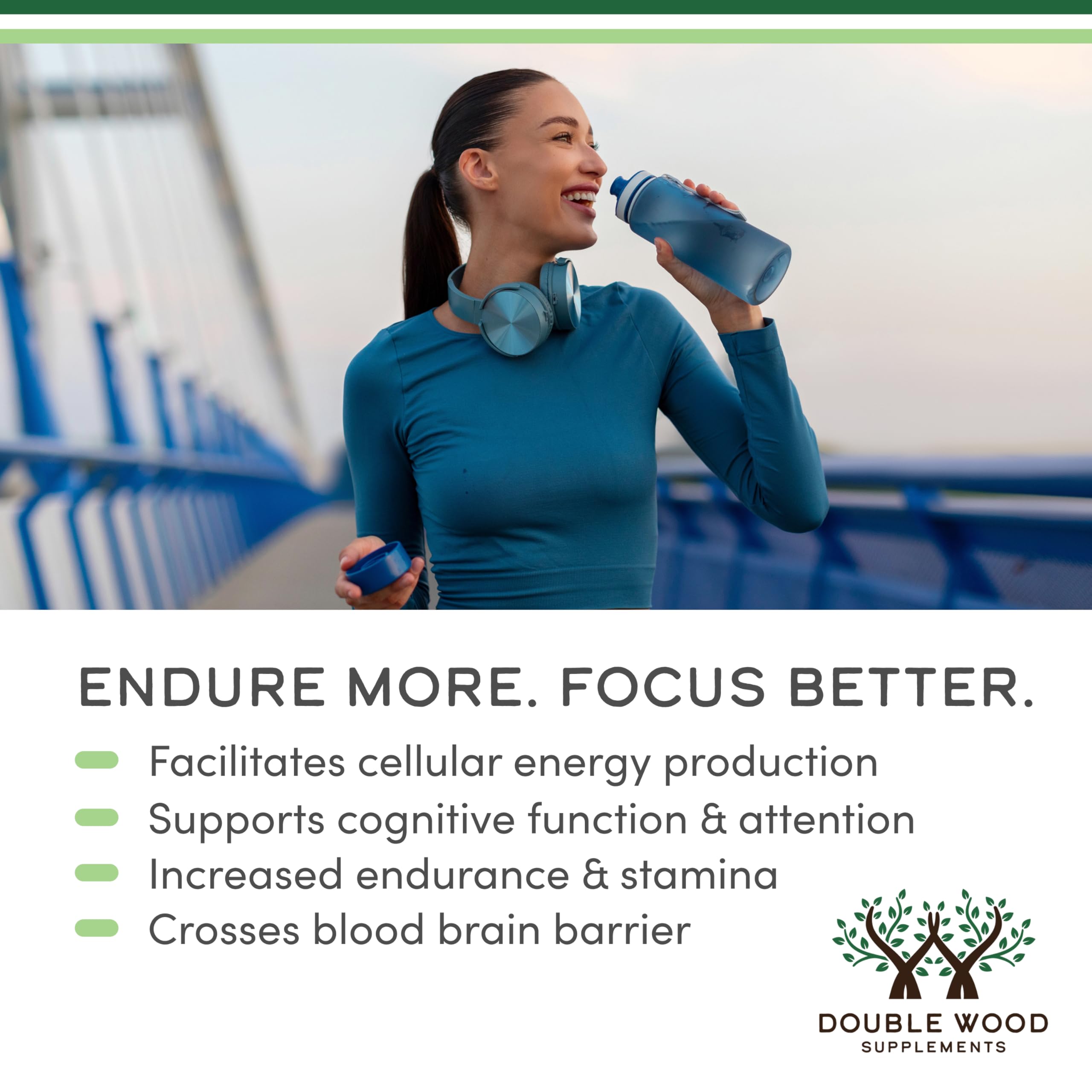 Double Wood Supplements acetyl l carnitine supplement UAE product image showing woman runner drinking water with benefits text