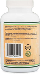 Bottle back label showing barcode and seals for Double Wood Supplements Fadogia Agrestis 600mg storage and use info